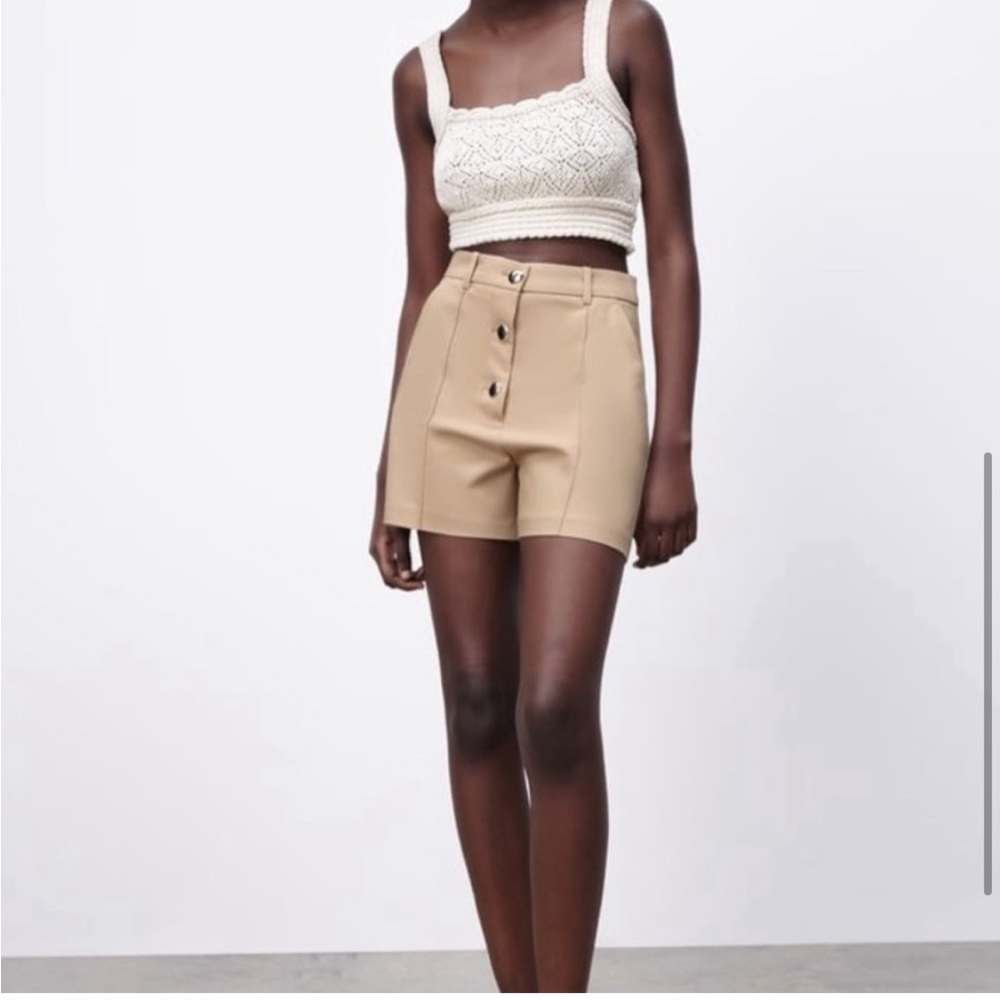Zara high waisted gold button front shorts tan
